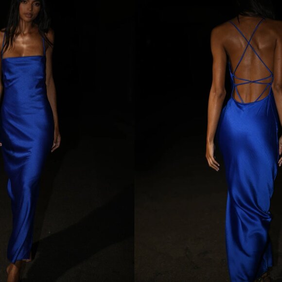 Straight Neck Slip Maxi Dress - Cobalt Blue - Picture 3 of 3